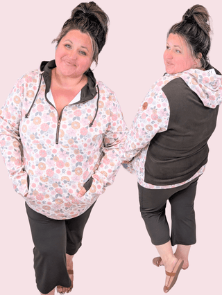 PHC- Triple Stretch Half-Zip Hoodie in Pink Retro Floral-3- Hooded Tops-Michelle Mae-Styled by Stacked - A Plus Size Women's Boutique in Lakeville, MN