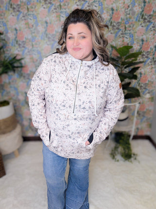 PHC- Triple Stretch Half-Zip Hoodie in Tan Micro Floral-3- Hooded Tops-Michelle Mae-Styled by Stacked - A Plus Size Women's Boutique in Lakeville, MN