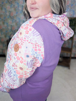 PHC Triple Stretch Halfzip Hoodie in Coral Sunset Floral + Purple-3- Hooded Tops-MICHELLE MAE-Styled by Stacked - A Plus Size Women's Boutique in Lakeville, MN