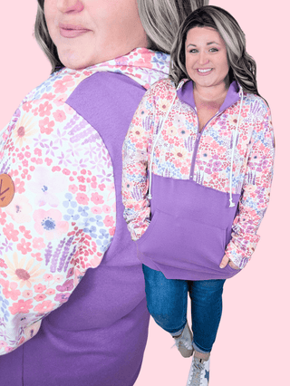 PHC Triple Stretch Halfzip Hoodie in Coral Sunset Floral + Purple-3- Hooded Tops-MICHELLE MAE-Styled by Stacked - A Plus Size Women's Boutique in Lakeville, MN