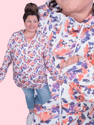 3- Hooded Tops PHC Triple Stretch Halfzip Hoodie in Purple Painted Floral plus size clothing