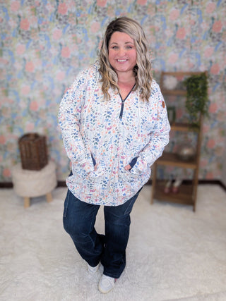 PHC- Triple Stretch Halfzip Hoodies in Paradise Wildflower + Navy-3- Hooded Tops-MICHELLE MAE-Styled by Stacked - A Plus Size Women's Boutique in Lakeville, MN