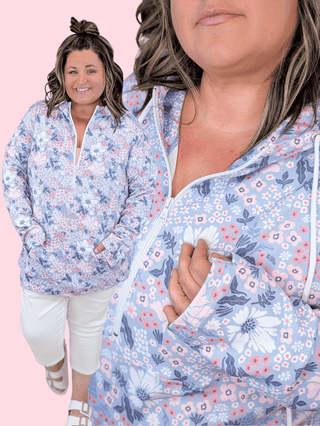 3- Hooded Tops PHC Triple Stretch Halfzip in Ditsy Blush & Periwinkle plus size clothing