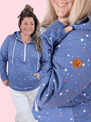 3- Hooded Tops PHC Triple Stretch Halfzip in Vintage Blue Stars plus size clothing