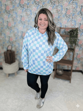 PHC Triple Stretch Pullover Checker Hoodie in Blue + Mint-3- Hooded Tops-MICHELLE MAE-Styled by Stacked - A Plus Size Women's Boutique in Lakeville, MN