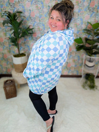 PHC Triple Stretch Pullover Checker Hoodie in Blue + Mint-3- Hooded Tops-MICHELLE MAE-Styled by Stacked - A Plus Size Women's Boutique in Lakeville, MN