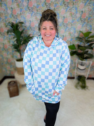 PHC Triple Stretch Pullover Checker Hoodie in Blue + Mint-3- Hooded Tops-MICHELLE MAE-Styled by Stacked - A Plus Size Women's Boutique in Lakeville, MN