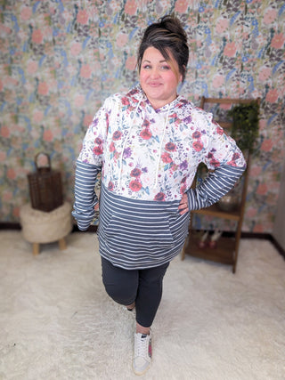 PHC- Triple Stretch Pullover Hoodie in Burgundy Bloom + Gray-3- Hooded Tops-MICHELLE MAE-Styled by Stacked - A Plus Size Women's Boutique in Lakeville, MN