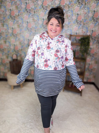 PHC- Triple Stretch Pullover Hoodie in Burgundy Bloom + Gray-3- Hooded Tops-MICHELLE MAE-Styled by Stacked - A Plus Size Women's Boutique in Lakeville, MN