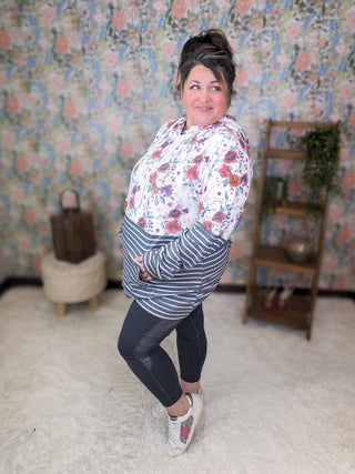 PHC- Triple Stretch Pullover Hoodie in Burgundy Bloom + Gray-3- Hooded Tops-MICHELLE MAE-Styled by Stacked - A Plus Size Women's Boutique in Lakeville, MN