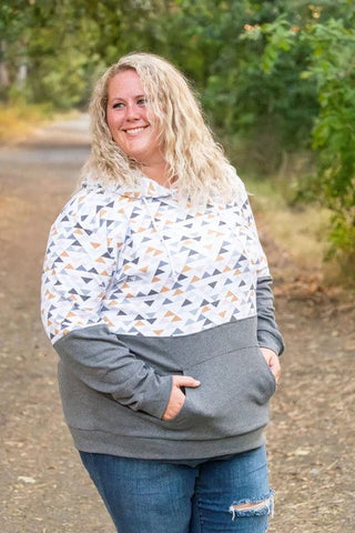 PHC Triple Stretch Pullover Hoodie in Charcoal w/Geometric Accent-3- Hooded Tops-MICHELLE MAE-Styled by Stacked - A Plus Size Women's Boutique in Lakeville, MN