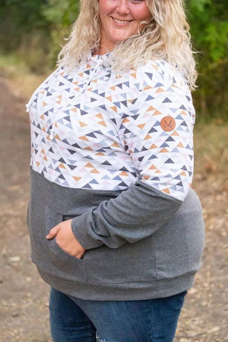 PHC Triple Stretch Pullover Hoodie in Charcoal w/Geometric Accent-3- Hooded Tops-MICHELLE MAE-Styled by Stacked - A Plus Size Women's Boutique in Lakeville, MN