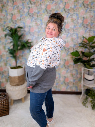 PHC Triple Stretch Pullover Hoodie in Charcoal w/Geometric Accent-3- Hooded Tops-MICHELLE MAE-Styled by Stacked - A Plus Size Women's Boutique in Lakeville, MN