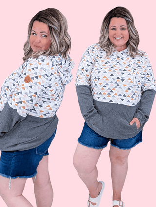 3- Hooded Tops PHC Triple Stretch Pullover Hoodie in Charcoal w/Geometric Accent plus size clothing