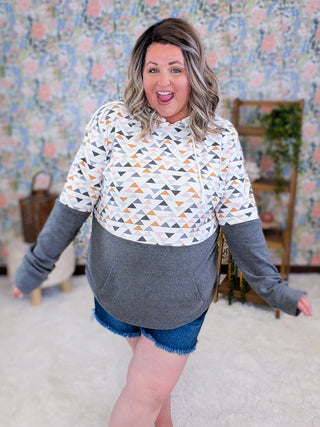 3- Hooded Tops PHC Triple Stretch Pullover Hoodie in Charcoal w/Geometric Accent plus size clothing