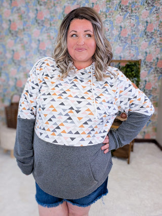 3- Hooded Tops PHC Triple Stretch Pullover Hoodie in Charcoal w/Geometric Accent plus size clothing