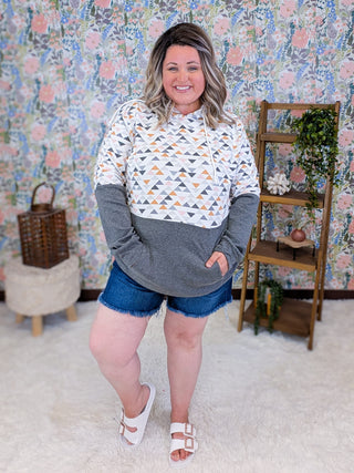 3- Hooded Tops PHC Triple Stretch Pullover Hoodie in Charcoal w/Geometric Accent plus size clothing
