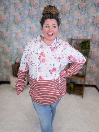 3- Hooded Tops PHC Triple Stretch Pullover Hoodie in Pink Bloom + Stripes plus size clothing