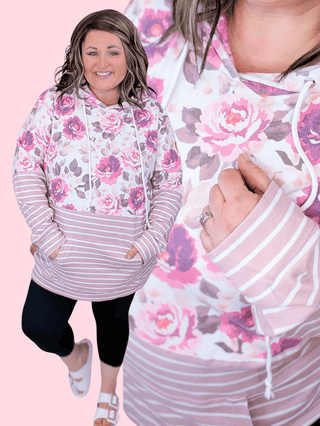 3- Hooded Tops PHC Triple Stretch Pullover Hoodie in Plum Blossom + Stripes plus size clothing
