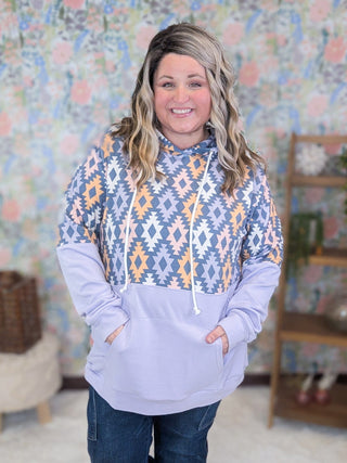 PHC- Triple Stretch Pullover Hoodie in Purple Geometric-3- Hooded Tops-MICHELLE MAE-Styled by Stacked - A Plus Size Women's Boutique in Lakeville, MN
