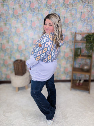 PHC- Triple Stretch Pullover Hoodie in Purple Geometric-3- Hooded Tops-MICHELLE MAE-Styled by Stacked - A Plus Size Women's Boutique in Lakeville, MN