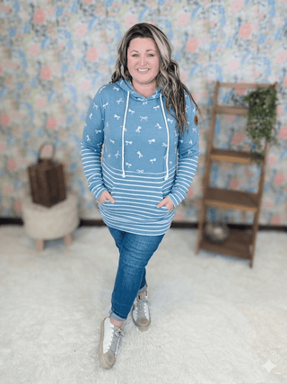 3- Hooded Tops PHC Triple Stretch Pullover Hoodie in Teal Bows + Stripes plus size clothing
