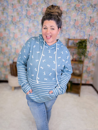 3- Hooded Tops PHC Triple Stretch Pullover Hoodie in Teal Bows + Stripes plus size clothing