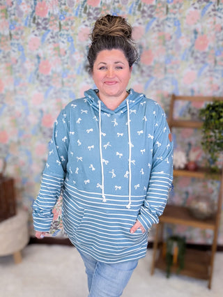 3- Hooded Tops PHC Triple Stretch Pullover Hoodie in Teal Bows + Stripes plus size clothing