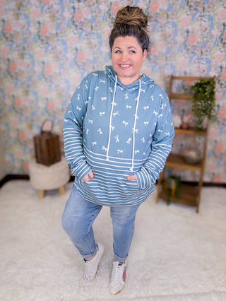 3- Hooded Tops PHC Triple Stretch Pullover Hoodie in Teal Bows + Stripes plus size clothing