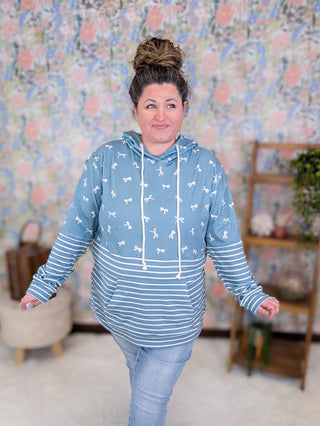 3- Hooded Tops PHC Triple Stretch Pullover Hoodie in Teal Bows + Stripes plus size clothing