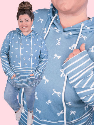 3- Hooded Tops PHC Triple Stretch Pullover Hoodie in Teal Bows + Stripes plus size clothing