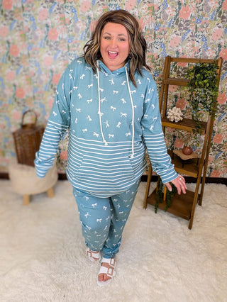 3- Hooded Tops PHC Triple Stretch Pullover Hoodie in Teal Bows + Stripes plus size clothing