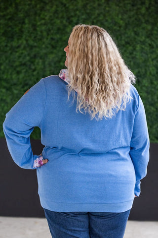 PHC- Triple Stretch Solid Blue Halfzip w/Ivory Fuchsia Floral Accent-3- Hooded Tops-MICHELLE MAE-Styled by Stacked - A Plus Size Women's Boutique in Lakeville, MN