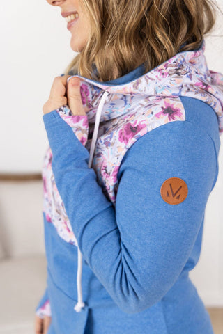 PHC- Triple Stretch Solid Blue Halfzip w/Ivory Fuchsia Floral Accent-3- Hooded Tops-MICHELLE MAE-Styled by Stacked - A Plus Size Women's Boutique in Lakeville, MN