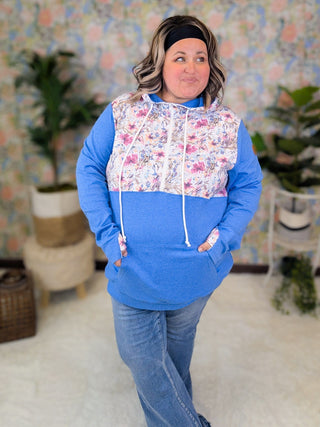 PHC- Triple Stretch Solid Blue Halfzip w/Ivory Fuchsia Floral Accent-3- Hooded Tops-MICHELLE MAE-Styled by Stacked - A Plus Size Women's Boutique in Lakeville, MN
