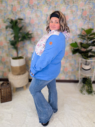 PHC- Triple Stretch Solid Blue Halfzip w/Ivory Fuchsia Floral Accent-3- Hooded Tops-MICHELLE MAE-Styled by Stacked - A Plus Size Women's Boutique in Lakeville, MN