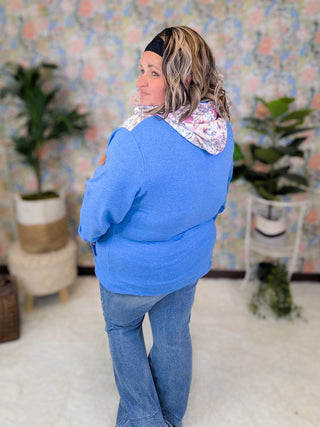 PHC- Triple Stretch Solid Blue Halfzip w/Ivory Fuchsia Floral Accent-3- Hooded Tops-MICHELLE MAE-Styled by Stacked - A Plus Size Women's Boutique in Lakeville, MN