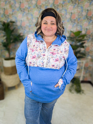 PHC- Triple Stretch Solid Blue Halfzip w/Ivory Fuchsia Floral Accent-3- Hooded Tops-MICHELLE MAE-Styled by Stacked - A Plus Size Women's Boutique in Lakeville, MN