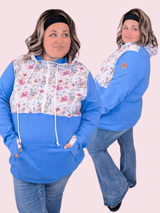 PHC- Triple Stretch Solid Blue Halfzip w/Ivory Fuchsia Floral Accent-3- Hooded Tops-MICHELLE MAE-Styled by Stacked - A Plus Size Women's Boutique in Lakeville, MN