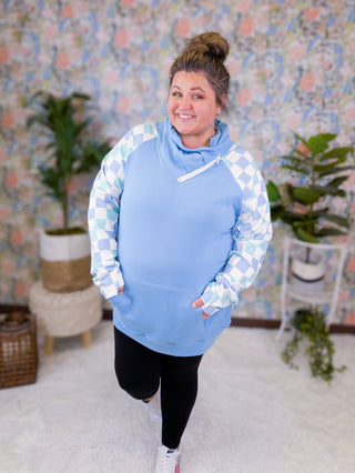 PHC- Triple Stretch Zipcowl in Blue w/Checker Sleeves-3- Hooded Tops-MICHELLE MAE-Styled by Stacked - A Plus Size Women's Boutique in Lakeville, MN