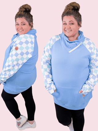 PHC- Triple Stretch Zipcowl in Blue w/Checker Sleeves-3- Hooded Tops-MICHELLE MAE-Styled by Stacked - A Plus Size Women's Boutique in Lakeville, MN