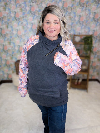 PHC- Triple Stretch Zipcowl in Charcoal + Blush-3- Hooded Tops-Michelle Mae-Styled by Stacked - A Plus Size Women's Boutique in Lakeville, MN