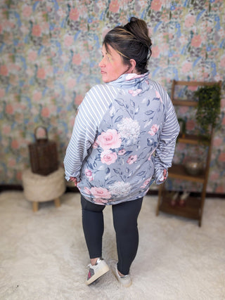 PHC- Triple Stretch Zipcowl in Vintage Gray Floral-3- Hooded Tops-MICHELLE MAE-Styled by Stacked - A Plus Size Women's Boutique in Lakeville, MN