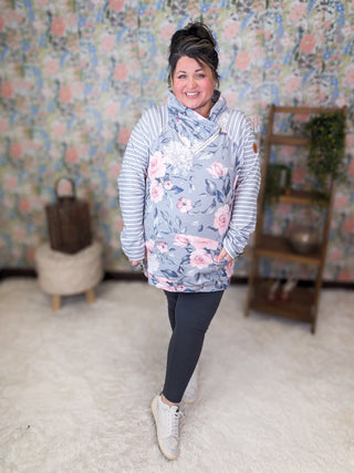 PHC- Triple Stretch Zipcowl in Vintage Gray Floral-3- Hooded Tops-MICHELLE MAE-Styled by Stacked - A Plus Size Women's Boutique in Lakeville, MN