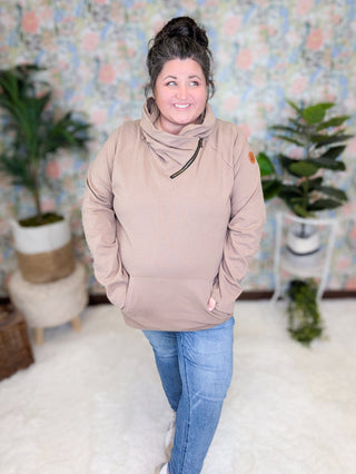 PHC- Triple Stretch ZipCowl Pullover in Mocha Mousse-3- Hooded Tops-Michelle Mae-Styled by Stacked - A Plus Size Women's Boutique in Lakeville, MN