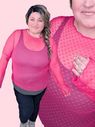 Pinky Sheer Long Sleeve Top w/Heart Print-2- Long Sleeve Tops-WHITE BIRCH-Styled by Stacked - A Plus Size Women's Boutique in Lakeville, MN