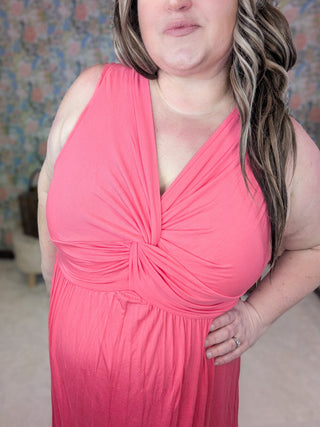 Piper Knotted Front Maxi Dress in Coral Pink-11- Dress/Romp/Jump-EMERALD-Styled by Stacked - A Plus Size Women's Boutique in Lakeville, MN