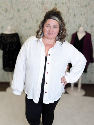Joya Ivory Stretch Buttondown w/Buffalo Plaid Back-4- Overlayer Tops-WHITE BIRCH-Styled by Stacked - A Plus Size Women's Boutique in Lakeville, MN