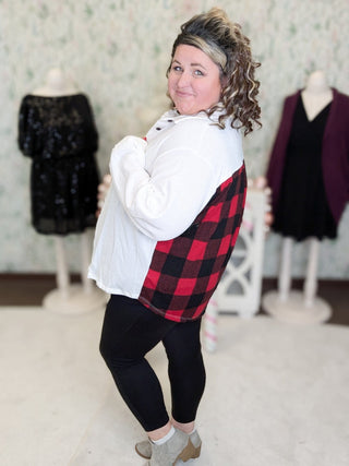 Joya Ivory Stretch Buttondown w/Buffalo Plaid Back-4- Overlayer Tops-WHITE BIRCH-Styled by Stacked - A Plus Size Women's Boutique in Lakeville, MN