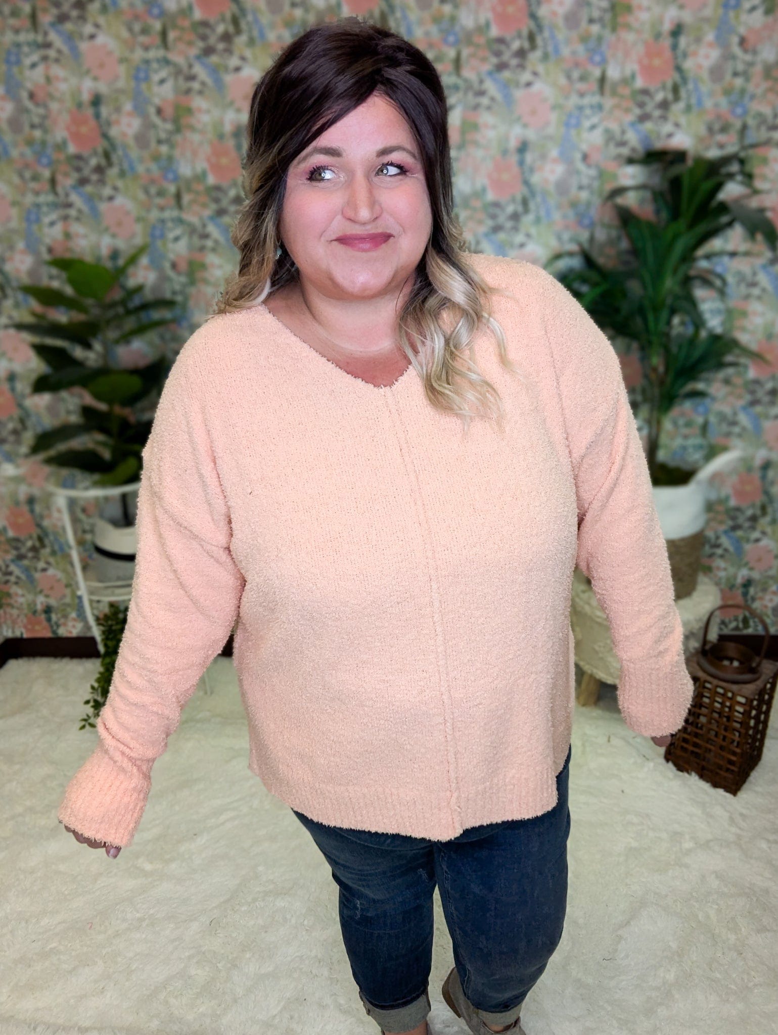 Drew Slouchy Chenille Sweater w Center Seam in Apricot